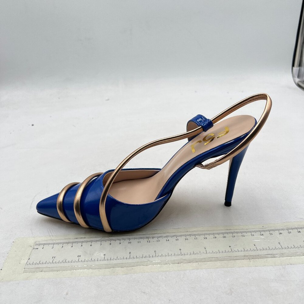 FSJ Blue Sexy Pointed Toe D'Orsay High Heel Slingback Pumps Cutout Sandals
